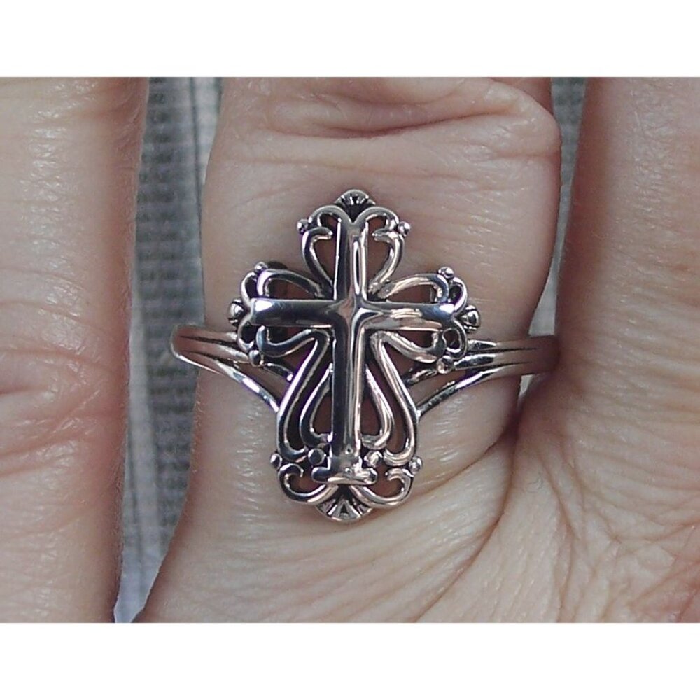 925 STERLING SILVER Antique Style Dainty Cross Ring - Picture 13 of 16